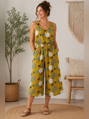 Weird Fish UK 16 (US 12)  Mustard Yellow Floral Wide Leg Cropped Boho Jumpsuit